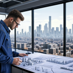 **

Environmental engineer designing a pollution control system, with blueprints and a modern city skyline in the background. Focus on technology and problem-solving.

**