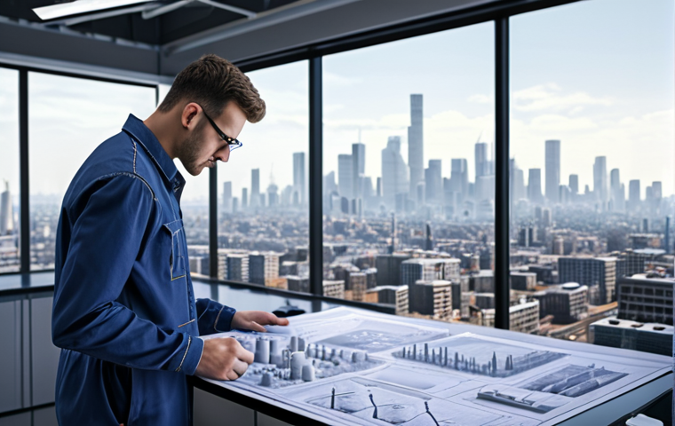 **

Environmental engineer designing a pollution control system, with blueprints and a modern city skyline in the background. Focus on technology and problem-solving.

**