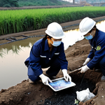 **Prompt 1: Dedicated Environmental Enforcement at the Grassroots**
    A realistic, high-angle shot of two Chinese environmental civil servants in work attire, wearing helmets and masks, diligently inspecting an industrial site or a polluted riverbank at dusk. One holds a tablet, showing complex data or a map, while the other takes a sample or points to a discharge pipe. The scene conveys the grit and challenge of their grassroots work, highlighting the often-harsh outdoor conditions, long hours (implied by dusk), and the direct confrontation with pollution, contrasting with the common misconception of an easy "iron rice bowl" job. Gritty details, focus on determination and responsibility.