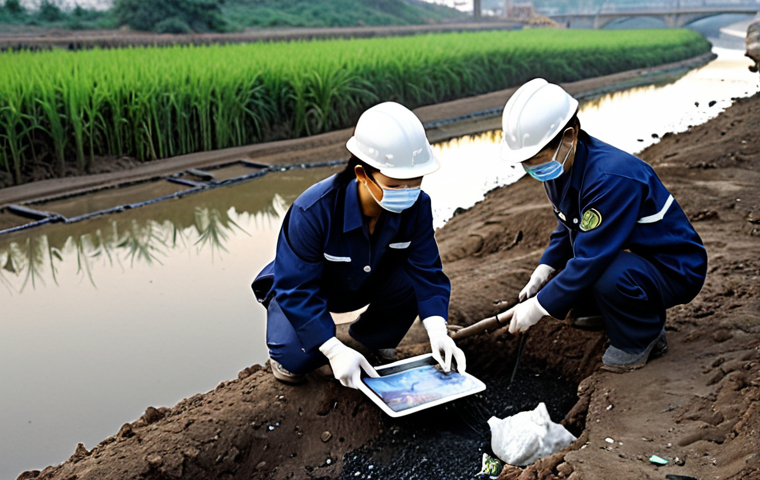 **Prompt 1: Dedicated Environmental Enforcement at the Grassroots**
    A realistic, high-angle shot of two Chinese environmental civil servants in work attire, wearing helmets and masks, diligently inspecting an industrial site or a polluted riverbank at dusk. One holds a tablet, showing complex data or a map, while the other takes a sample or points to a discharge pipe. The scene conveys the grit and challenge of their grassroots work, highlighting the often-harsh outdoor conditions, long hours (implied by dusk), and the direct confrontation with pollution, contrasting with the common misconception of an easy "iron rice bowl" job. Gritty details, focus on determination and responsibility.