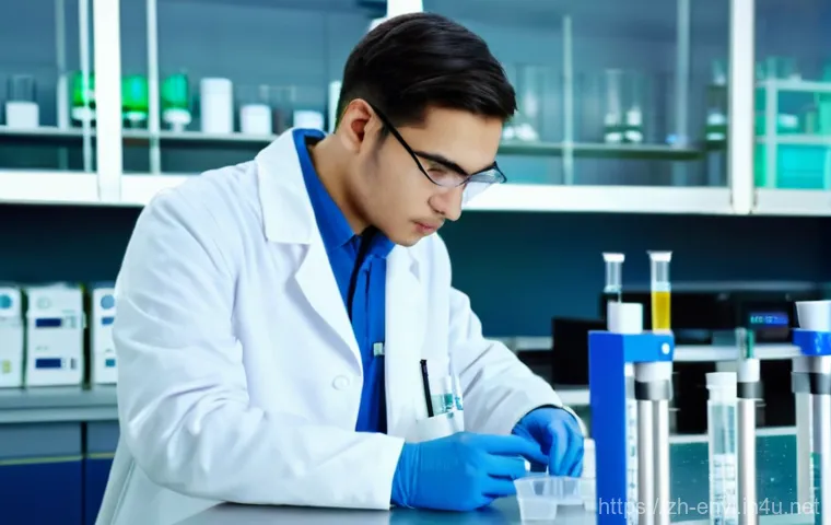 환경보건 실기 준비 사례 - **Prompt:** A focused environmental science student, an adult wearing a clean white lab coat over th...