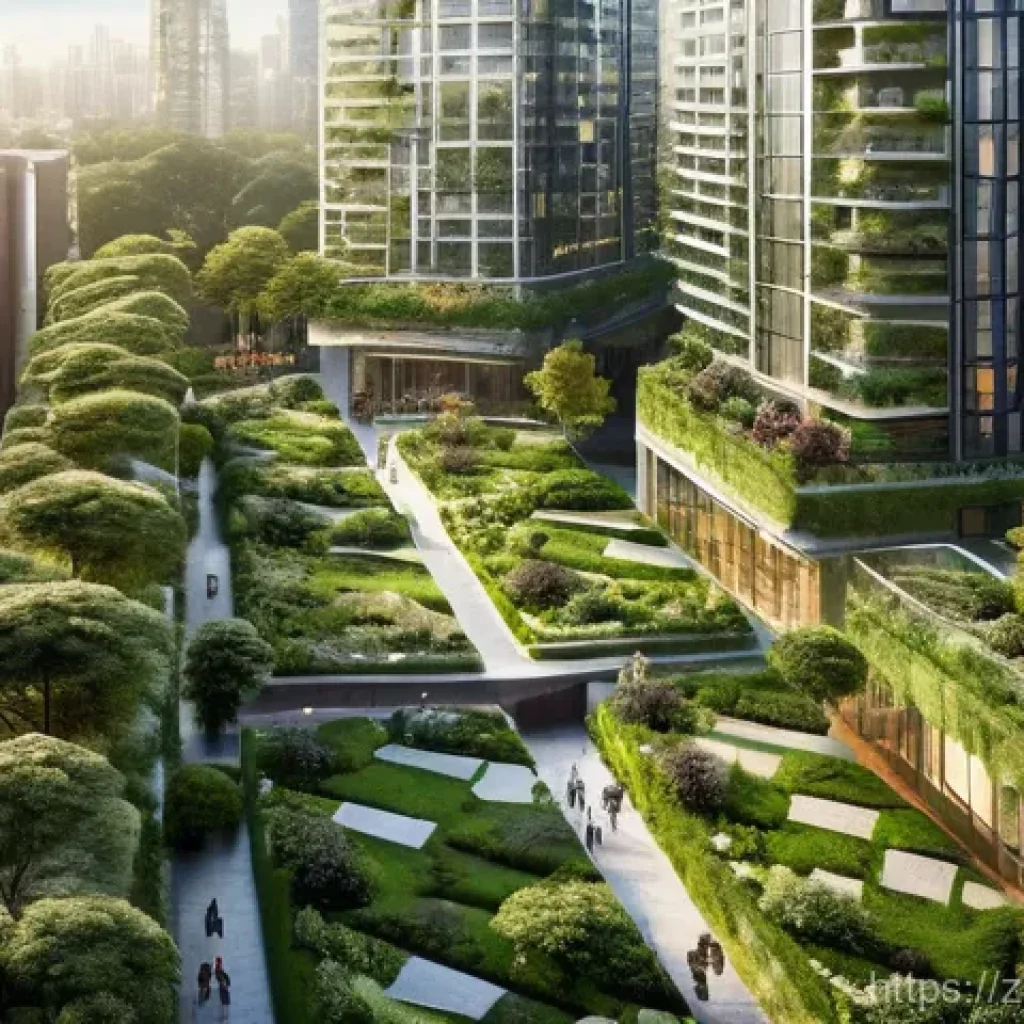 환경 직업군별 업무 사례 - **A Vibrant, Breathable Smart City:**
A panoramic, high-angle shot of a futuristic, eco-friendly...