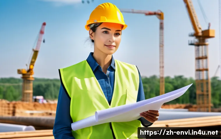 환경직 공무원 자격증 종류 - A professional environmental impact assessment engineer standing confidently at a construction site,...