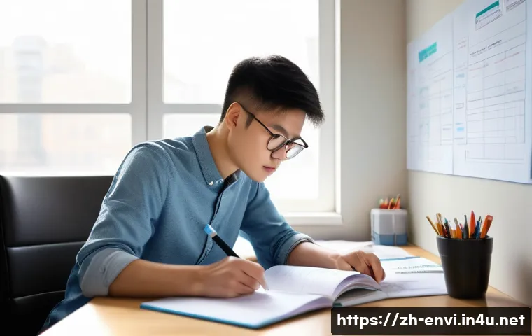 환경보건기사 필기시험 공부법 - A modern study room scene with a young Chinese adult focused on preparing for the Environmental Heal...