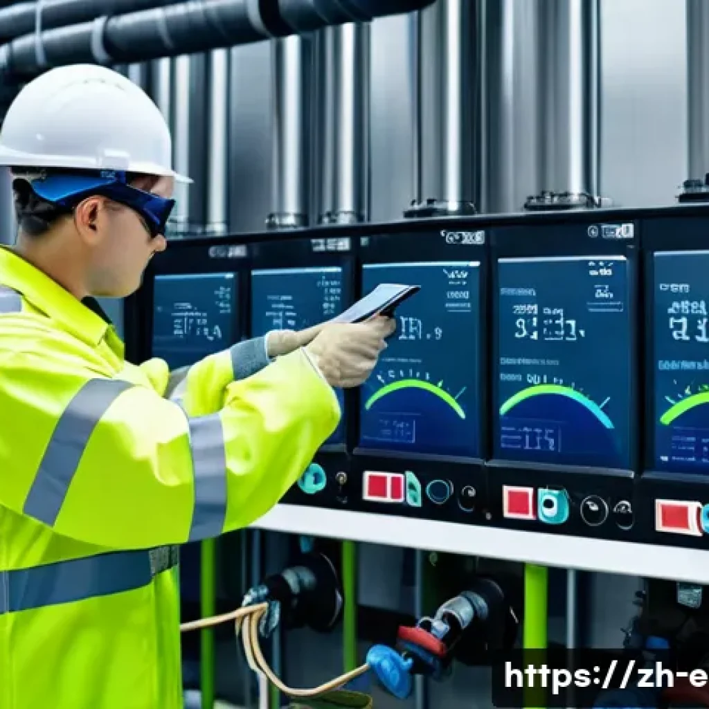 환경기술 실무 경험담 - A detailed industrial scene inside a wastewater treatment plant showing a technician carefully adjus...