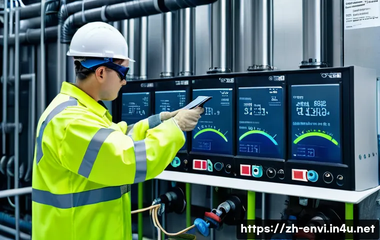 환경기술 실무 경험담 - A detailed industrial scene inside a wastewater treatment plant showing a technician carefully adjus...