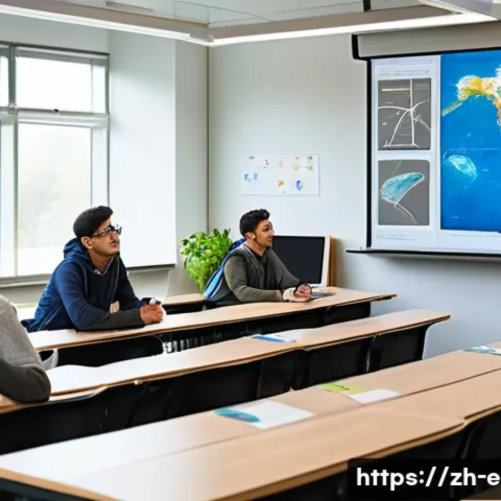 환경산업기사 필수 과목 집중 - A detailed environmental science classroom scene showing a modern lecture hall with a diverse group ...
