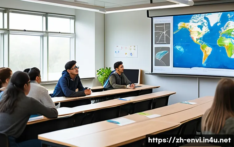 환경산업기사 필수 과목 집중 - A detailed environmental science classroom scene showing a modern lecture hall with a diverse group ...