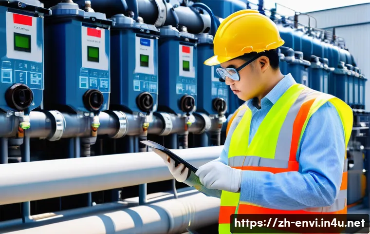 환경기사와 환경산업기사 비교 - A professional environmental engineer wearing safety glasses, a high-visibility vest, and protective...