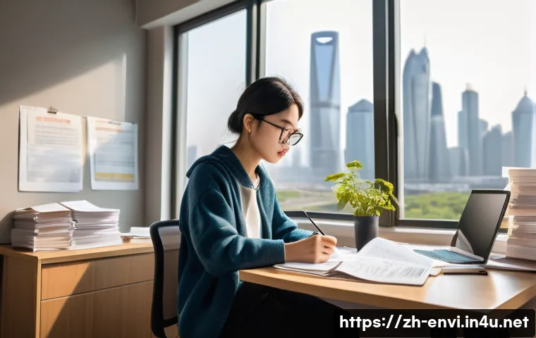 환경직 공무원 합격 사례 - A modern study room scene featuring a young Chinese adult studying environmental law and policy for ...