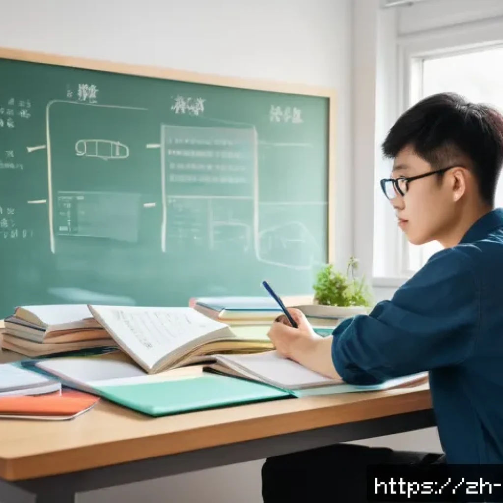 환경관리기술사 시험 준비 - A modern study room scene featuring a young Chinese adult student at a tidy desk with multiple study...