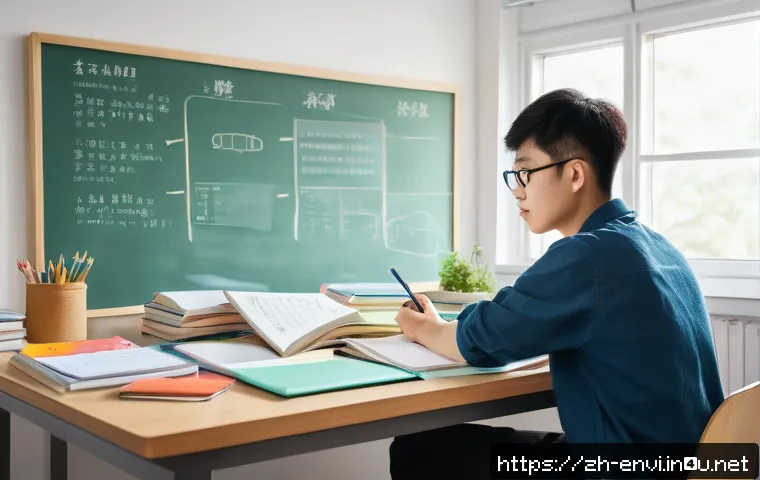 환경관리기술사 시험 준비 - A modern study room scene featuring a young Chinese adult student at a tidy desk with multiple study...