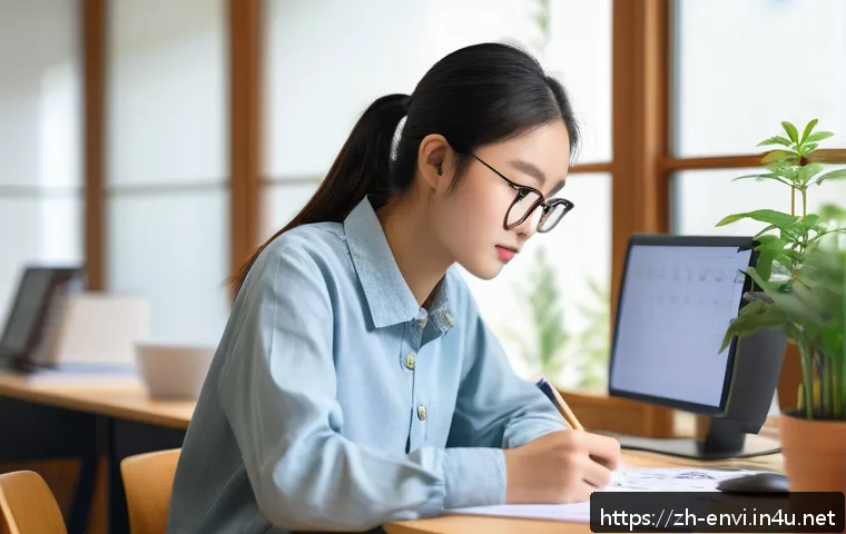 환경기술사 시험 준비 과정 - A modern study room scene featuring a young adult Chinese student preparing for the Environmental Te...