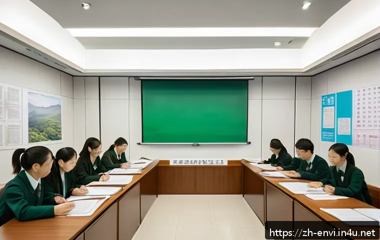환경직 시험 과목별 난이도 - A detailed scene of an environmental law classroom in China, featuring a diverse group of adult stud...