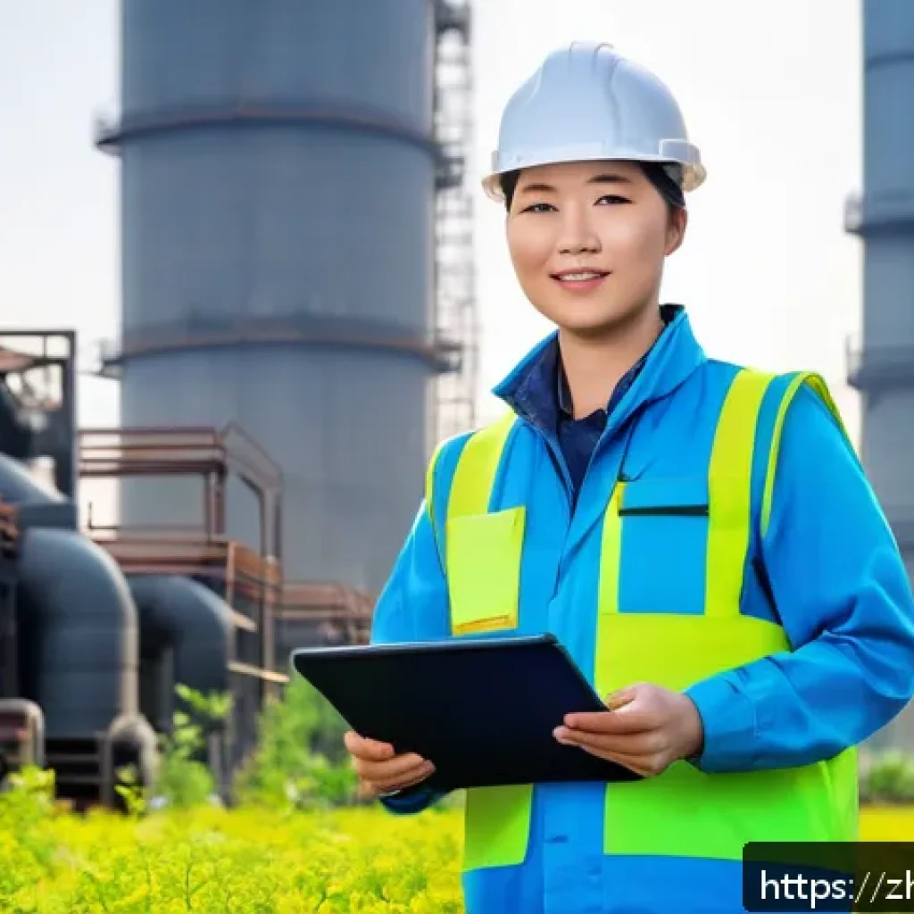 환경보건기술사 취득 필요성 - A professional environmental health technician wearing protective workwear and a hard hat, standing ...