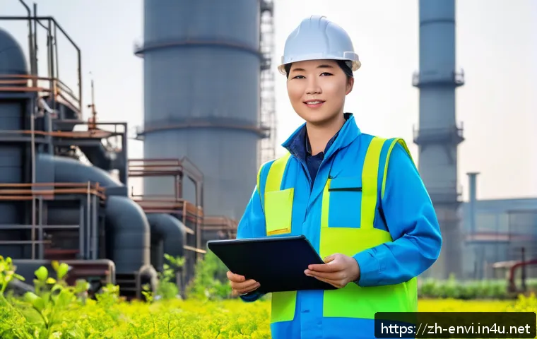 환경보건기술사 취득 필요성 - A professional environmental health technician wearing protective workwear and a hard hat, standing ...