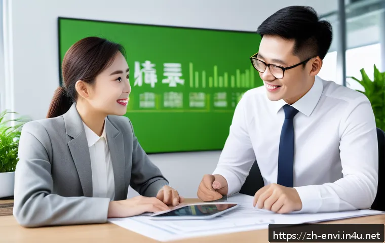 환경 관련 연봉 협상 팁 - A modern office scene showing a confident young Chinese environmental engineer in professional attir...