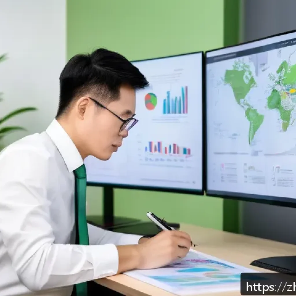 환경 관련 자격증 효용성 분석 - A professional environmental engineer in a modern office setting, wearing business casual attire wit...