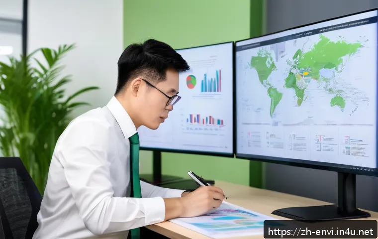 환경 관련 자격증 효용성 분석 - A professional environmental engineer in a modern office setting, wearing business casual attire wit...