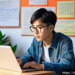 환경기술사 시험 공부 노하우 - A modern study room scene featuring a young adult Chinese student with short black hair wearing casu...