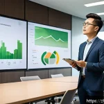 환경 관련 기업 면접 준비 - A professional environmental engineer in business casual attire presenting a detailed PowerPoint rep...