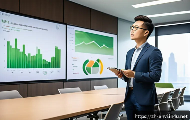 환경 관련 기업 면접 준비 - A professional environmental engineer in business casual attire presenting a detailed PowerPoint rep...
