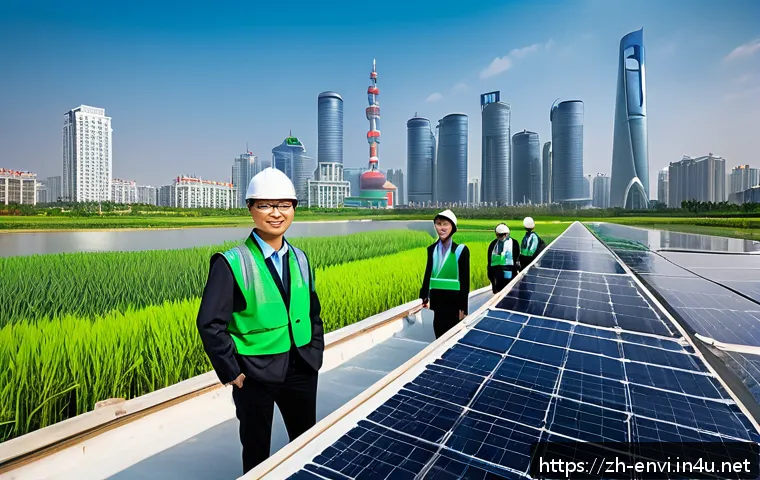 환경공학 자격증의 장점 - A modern Chinese urban environmental engineering scene featuring diverse professionals wearing busin...