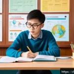환경보건 자격증 학습 사례 - A modern study room scene with a young adult Chinese student sitting at a clean wooden desk, surroun...