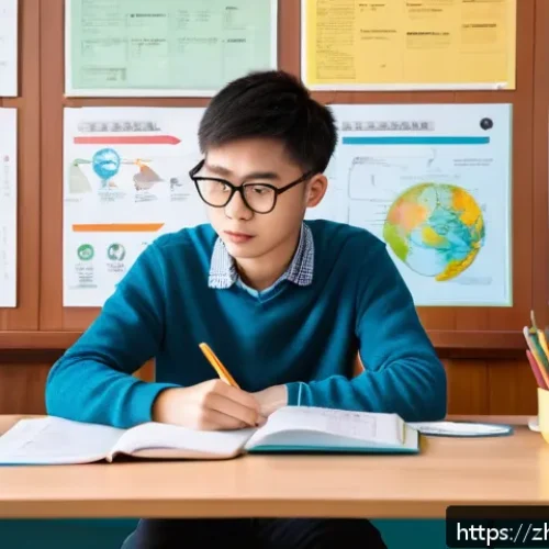 환경보건 자격증 학습 사례 - A modern study room scene with a young adult Chinese student sitting at a clean wooden desk, surroun...