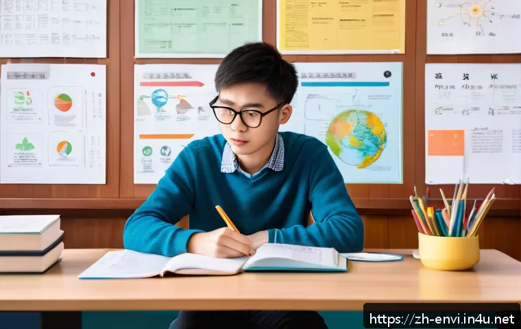 환경보건 자격증 학습 사례 - A modern study room scene with a young adult Chinese student sitting at a clean wooden desk, surroun...