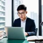 환경산업기사 자격증 후기 - A modern study environment featuring a young Chinese professional preparing for the Environmental In...