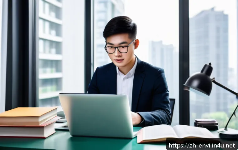 환경산업기사 자격증 후기 - A modern study environment featuring a young Chinese professional preparing for the Environmental In...