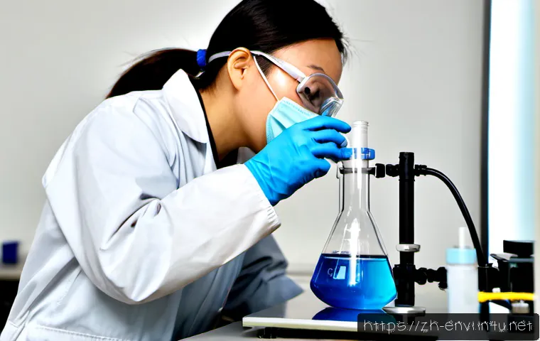 환경기술 실기 도구 활용법 - Photorealistic environmental technology laboratory training scene, a technician in protective covera...