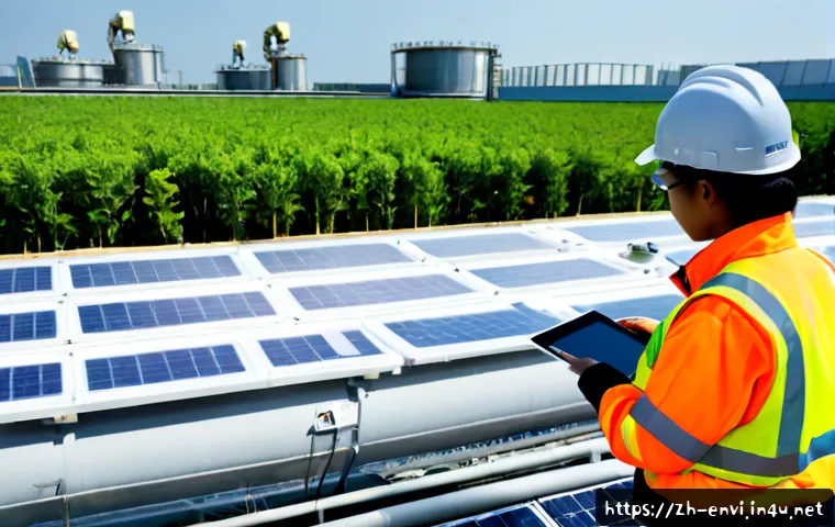 환경기술 실무 트렌드 - Photorealistic environmental technology field inspection at a modern urban water treatment facility,...