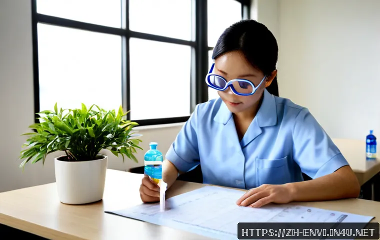 환경보건 자격증 기출문제 - Photorealistic environmental health certification exam study scene, focused adult learner at a clean...